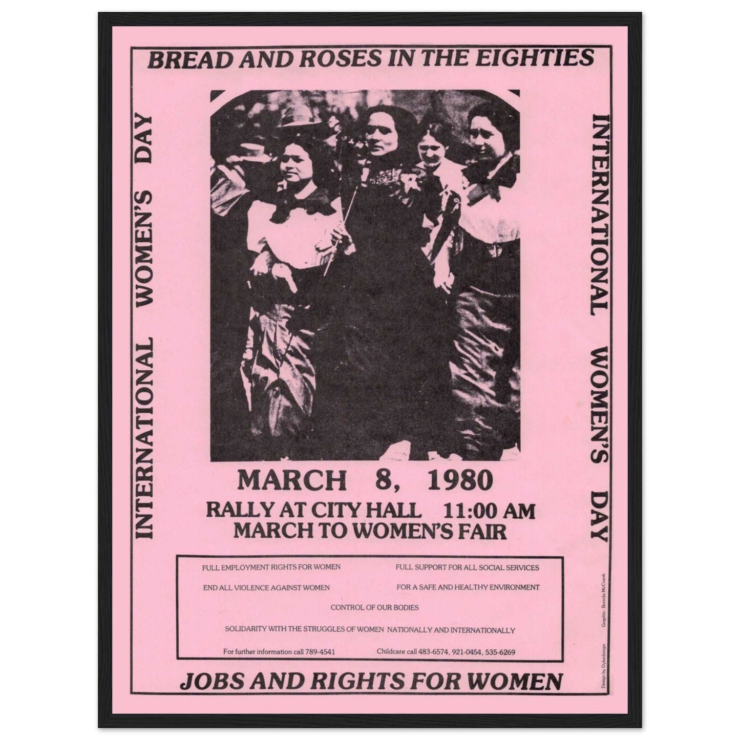 Bread and Roses feminist movement poster from 1980 with black-and-white photo of women activists demanding equality