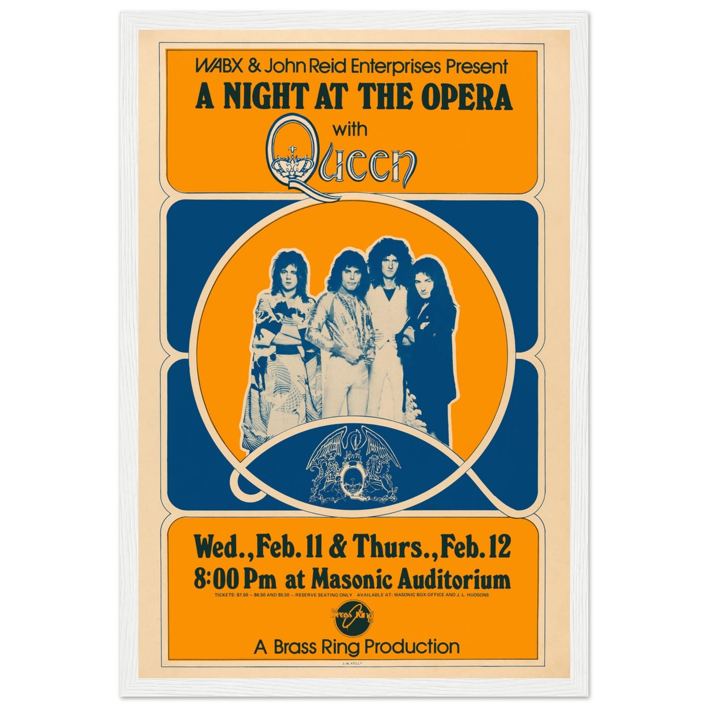 Retro wall art print of Queen’s A Night at the Opera concert poster — iconic rock memorabilia for fans of the legendary band.