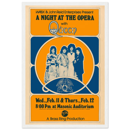 Retro wall art print of Queen’s A Night at the Opera concert poster — iconic rock memorabilia for fans of the legendary band.