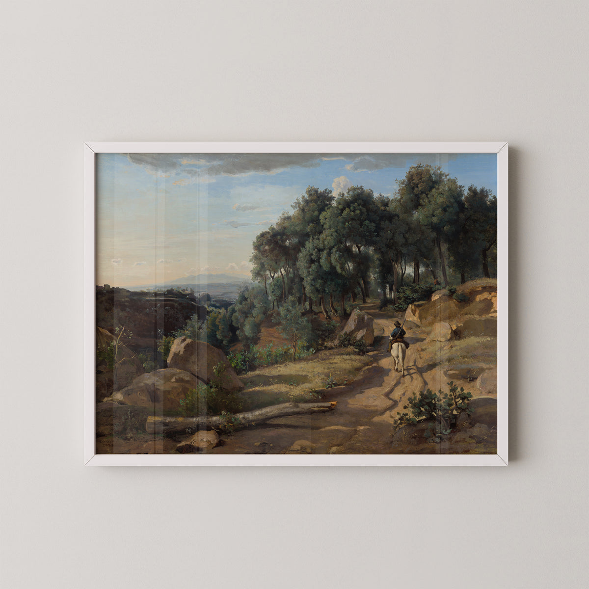 White-framed A View near Volterra by Corot art print, featuring Tuscan path, trees and distant hills