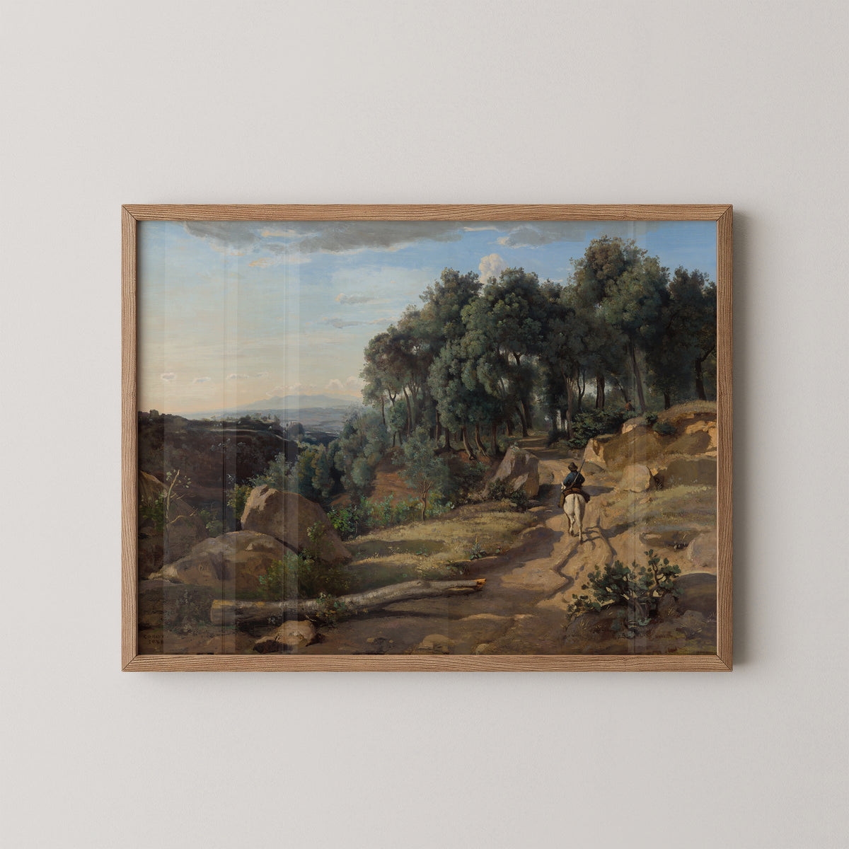Natural wood-framed A View near Volterra by Corot art print, showing Tuscan path, trees and distant hills