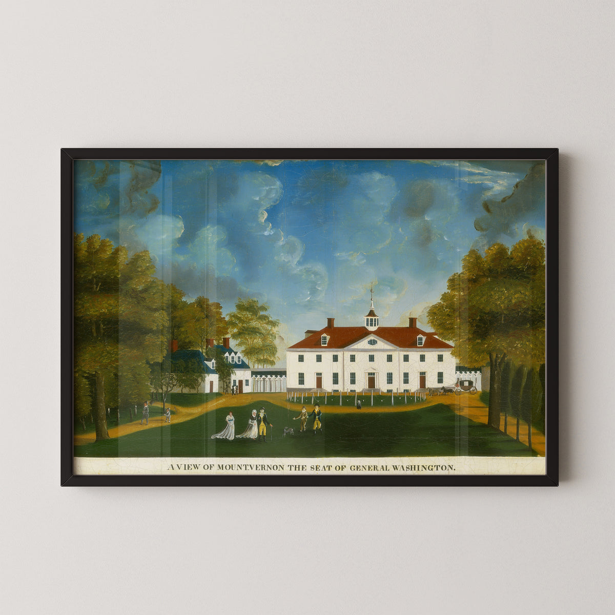 A View of Mount Vernon art print in a black frame, showing Mount Vernon estate and formal lawn