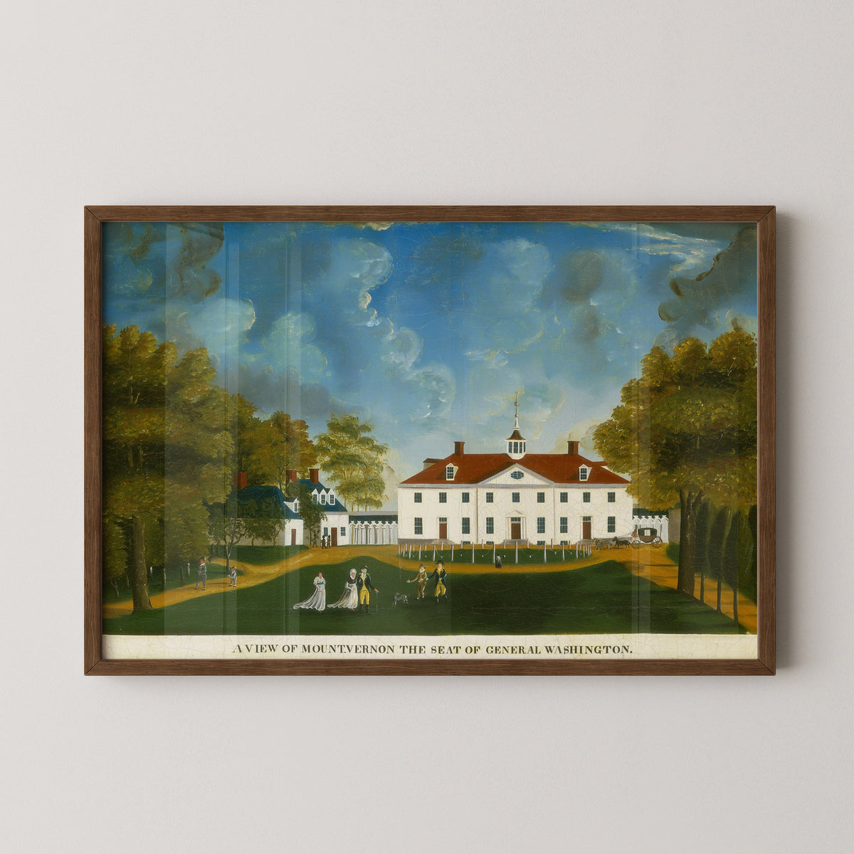 A View of Mount Vernon art print in a dark wood frame, with Mount Vernon estate and formal lawn