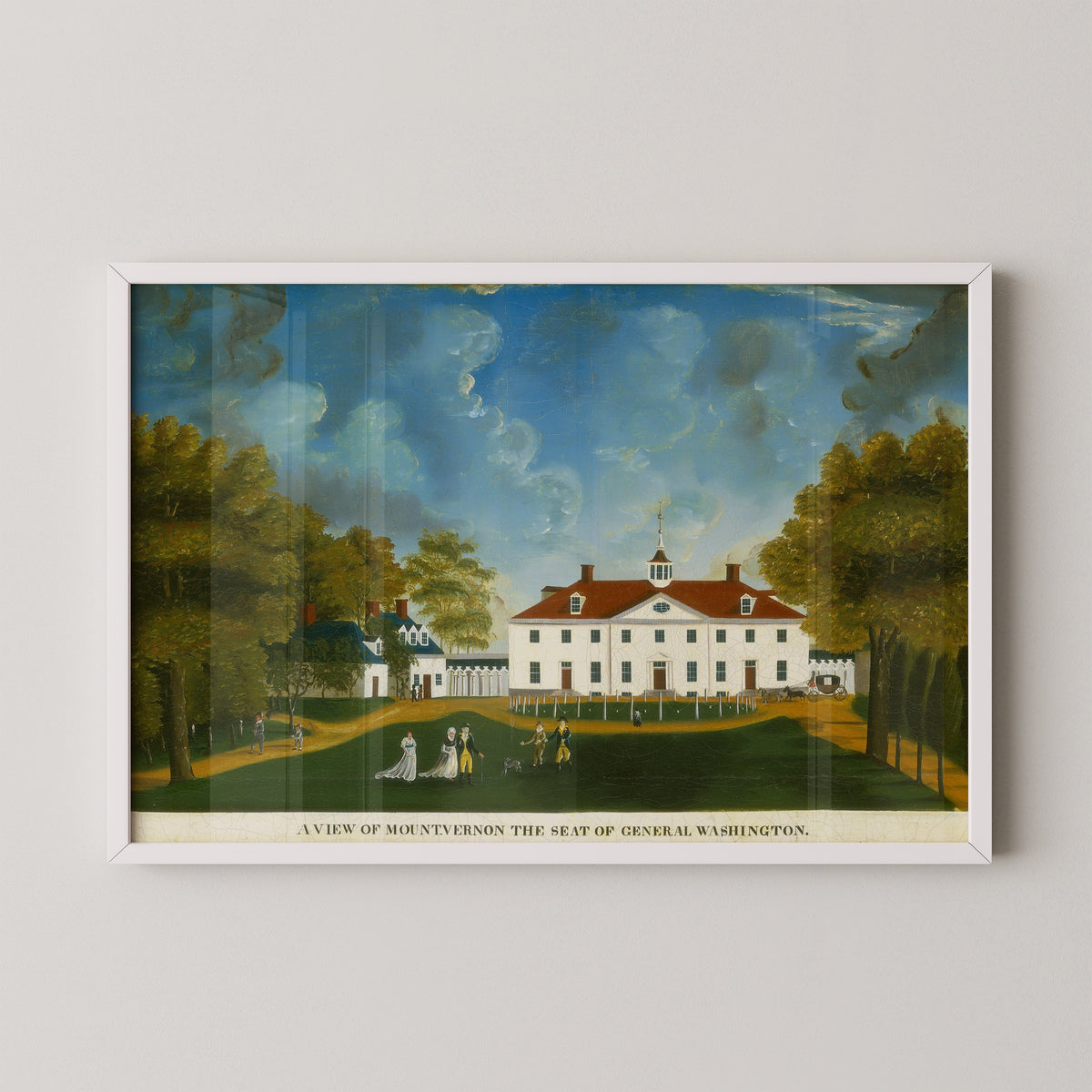 White-framed A View of Mount Vernon art print, featuring Mount Vernon estate and formal lawn
