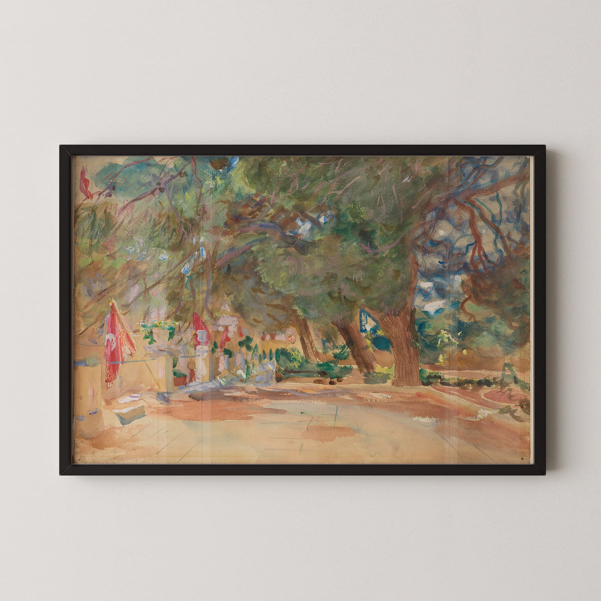 A War Memorial by John Singer Sargent art print in a black frame, showing trees, flags and a sunlit path