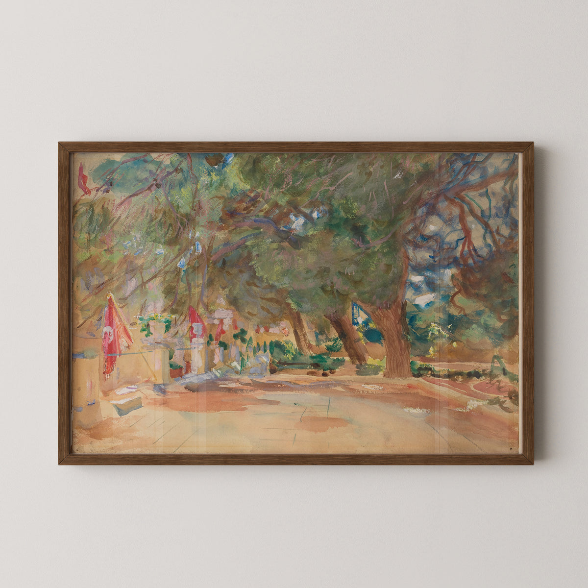 A War Memorial by John Singer Sargent art print in a dark wood frame, with trees, flags and a sunlit path