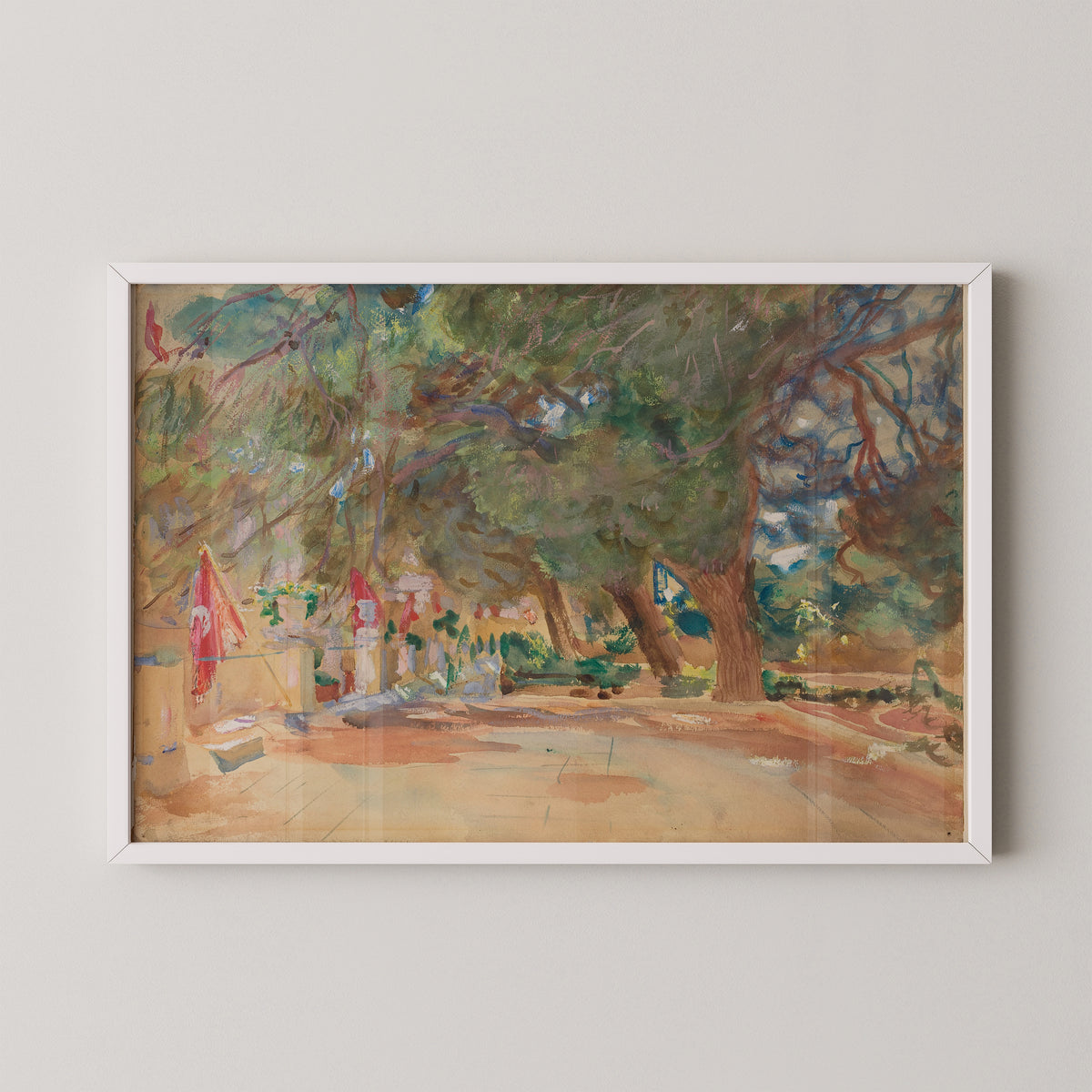 White-framed A War Memorial by John Singer Sargent art print, featuring trees, flags and a sunlit path