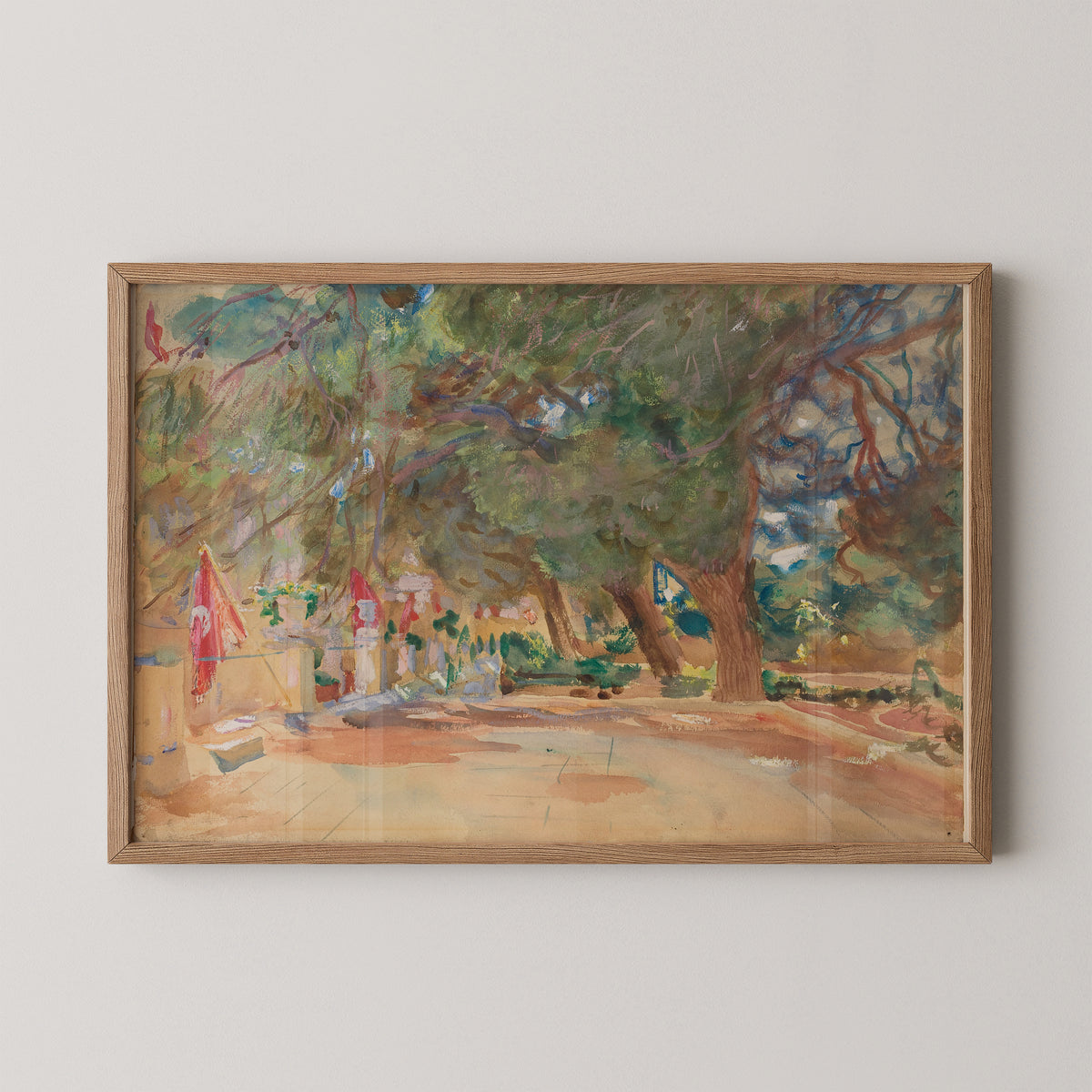 Natural wood-framed A War Memorial by John Singer Sargent art print, showing trees, flags and a sunlit path