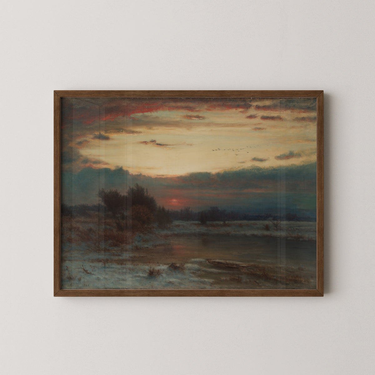 A Winter Sky by George Inness, art print in a dark wood frame