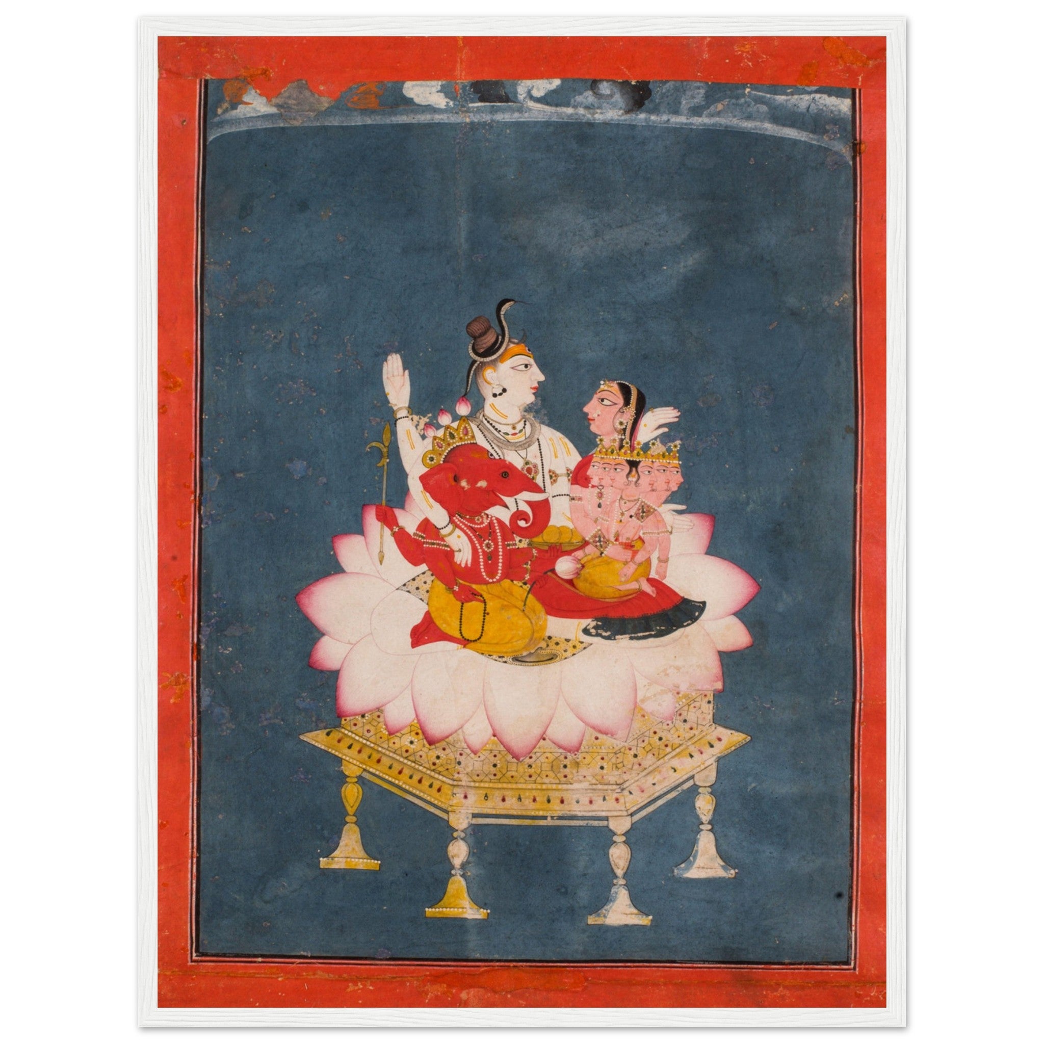Hindu devotional poster of Lord Shiva, Parvati, Ganesha, and Karttikeya — classic religious wall art in vivid color.