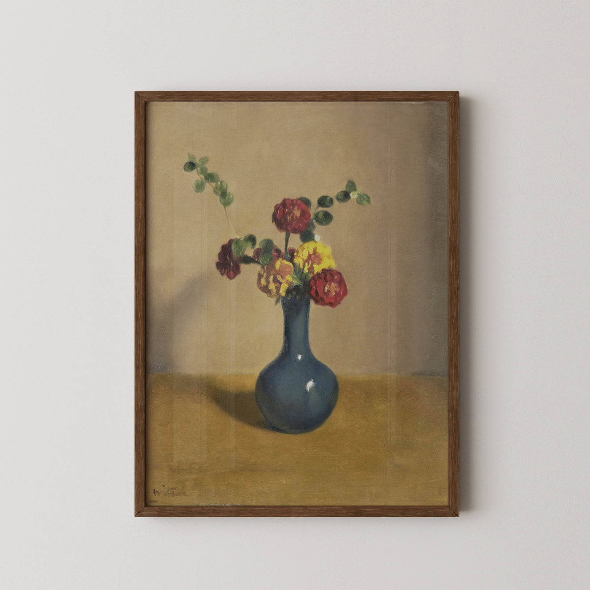 Afrikaantjes in een blauw vaasje by Willem Witsen, art print in a dark wood frame