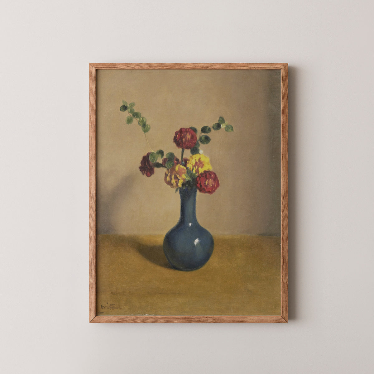 Afrikaantjes in een blauw vaasje by Willem Witsen, art print in a natural wood frame