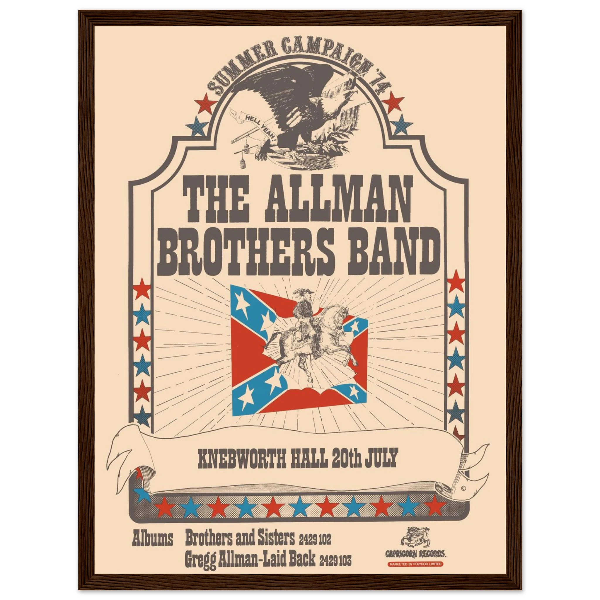 1970s rock art poster of the Allman Brothers Band, celebrating their influence on American blues and Southern rock culture