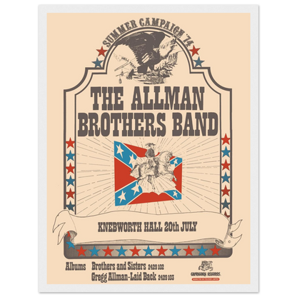 Vintage Allman Brothers Band concert poster celebrating the early era of Southern rock, featuring bold typography and classic 1970s design.