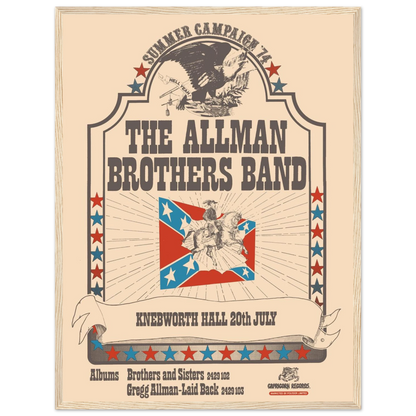 Music heritage poster honoring the Allman Brothers Band, an essential piece for collectors of vintage American rock memorabilia.