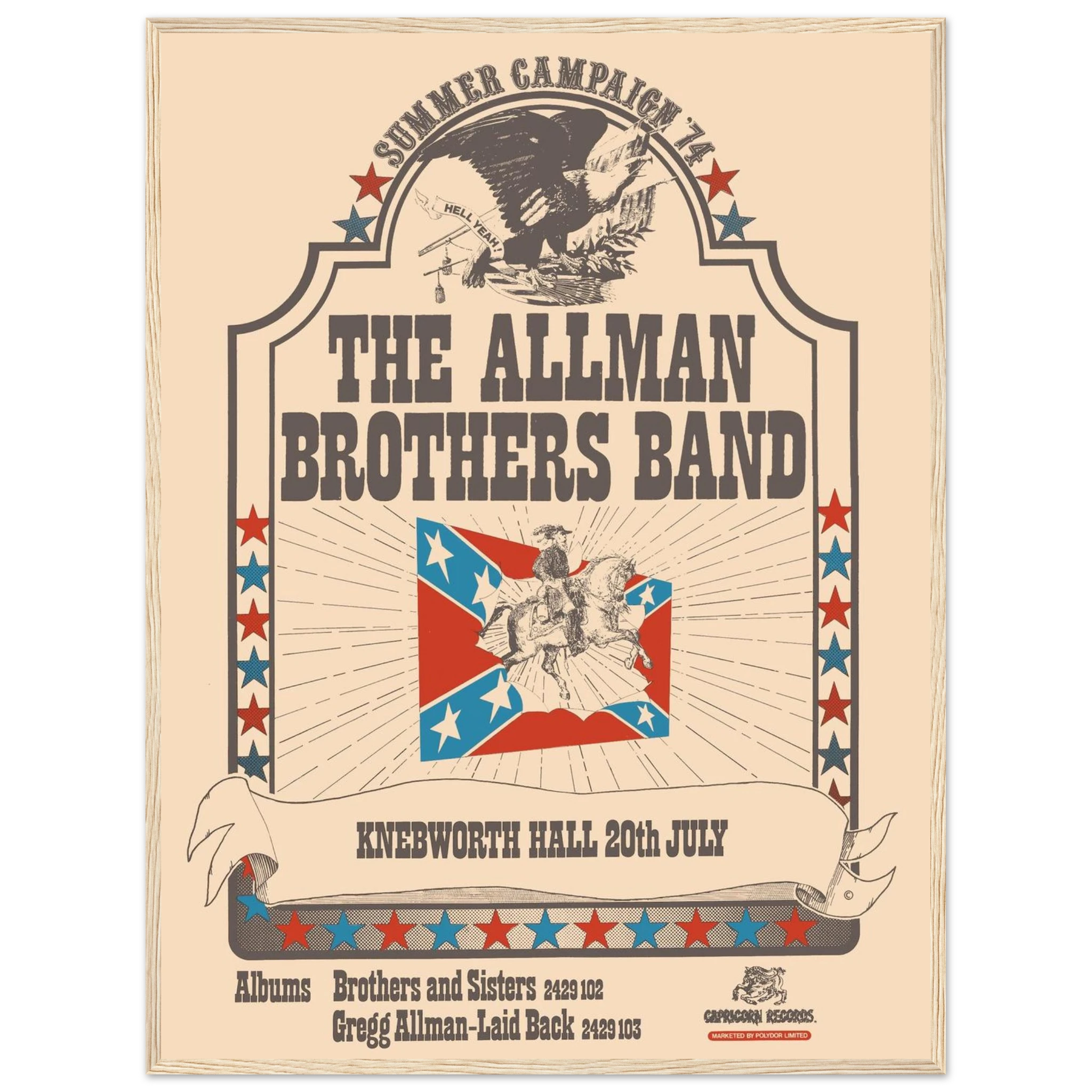 Southern rock poster featuring the Allman Brothers Band, capturing the retro concert style and musical legacy of 1970s American rock.