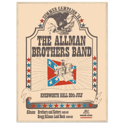 Southern rock poster featuring the Allman Brothers Band, capturing the retro concert style and musical legacy of 1970s American rock.