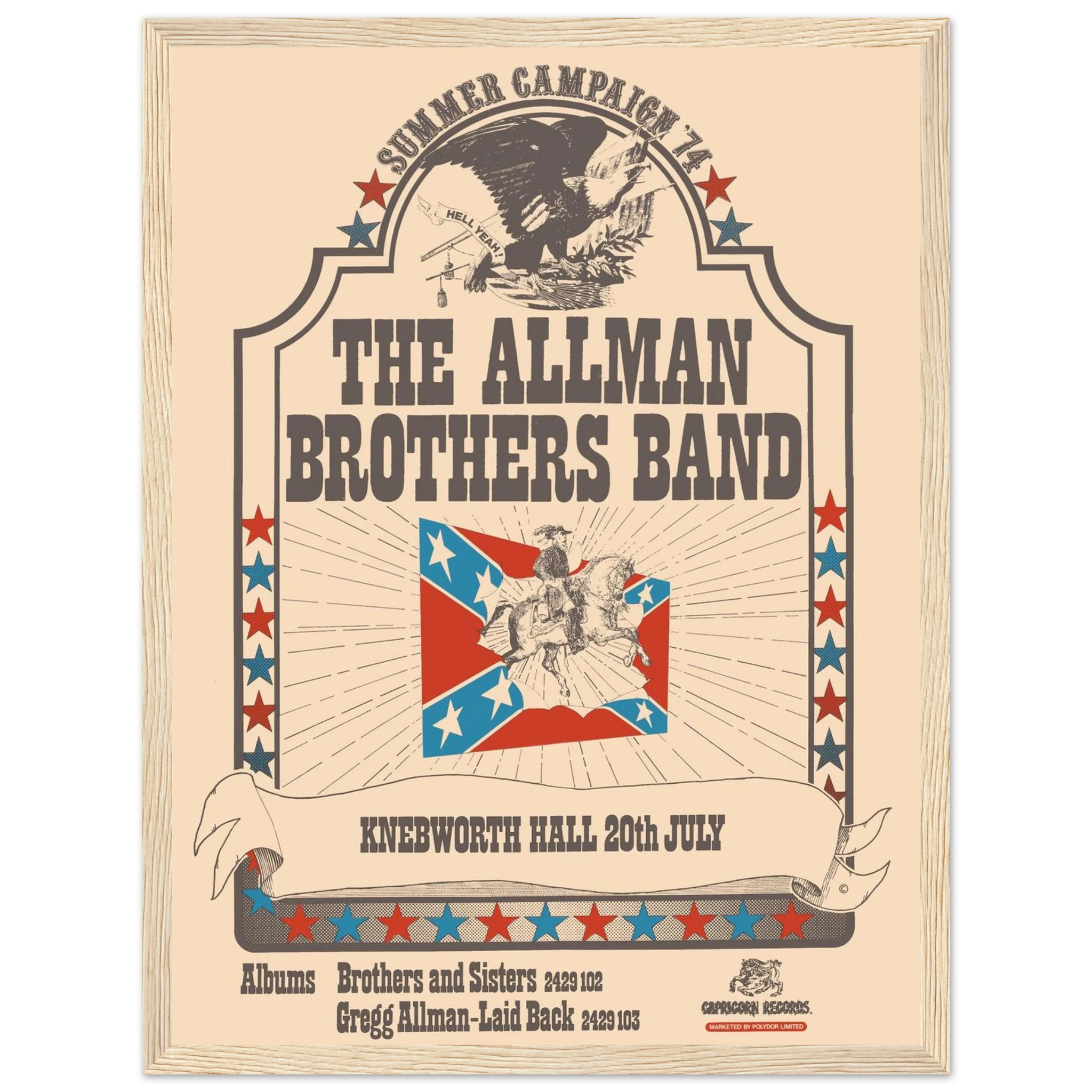 Vintage rock wall art print featuring the Allman Brothers Band, perfect for music fans and collectors of classic 70s concert posters.