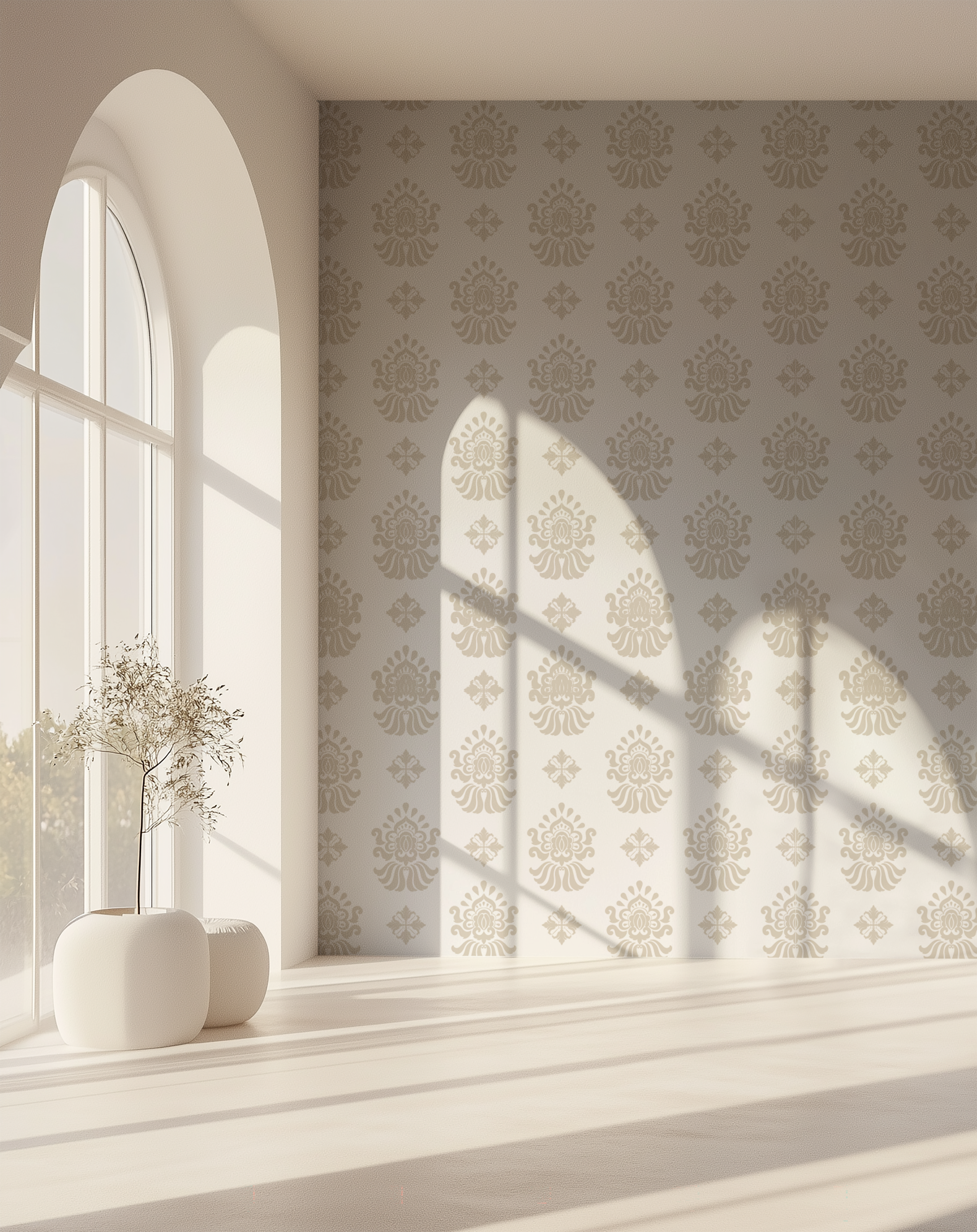 Beige and cream ornamental wallpaper with a vintage floral pattern in a neutral interior