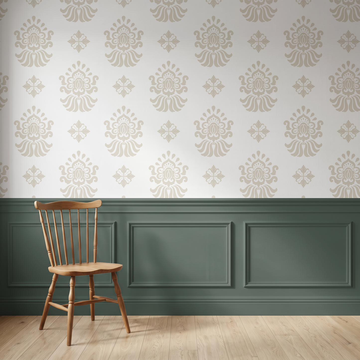 Beige ornamental wallpaper paired with traditional wall panelling and natural wood