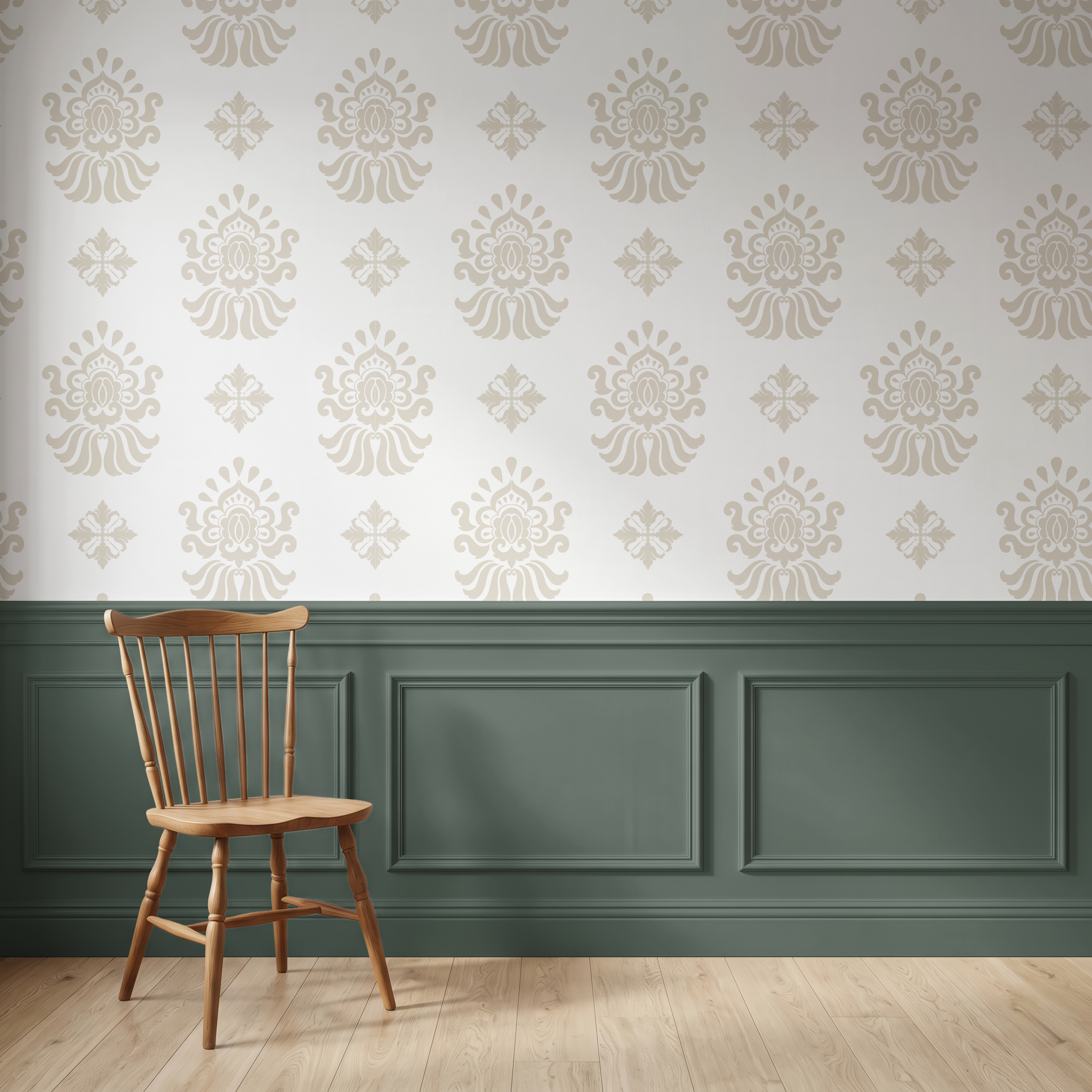 Beige ornamental wallpaper paired with traditional wall panelling and natural wood