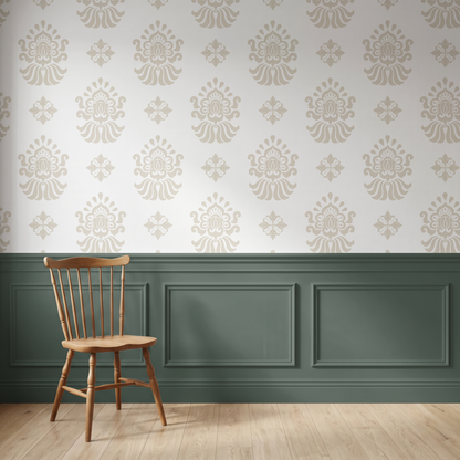 Beige ornamental wallpaper paired with traditional wall panelling and natural wood
