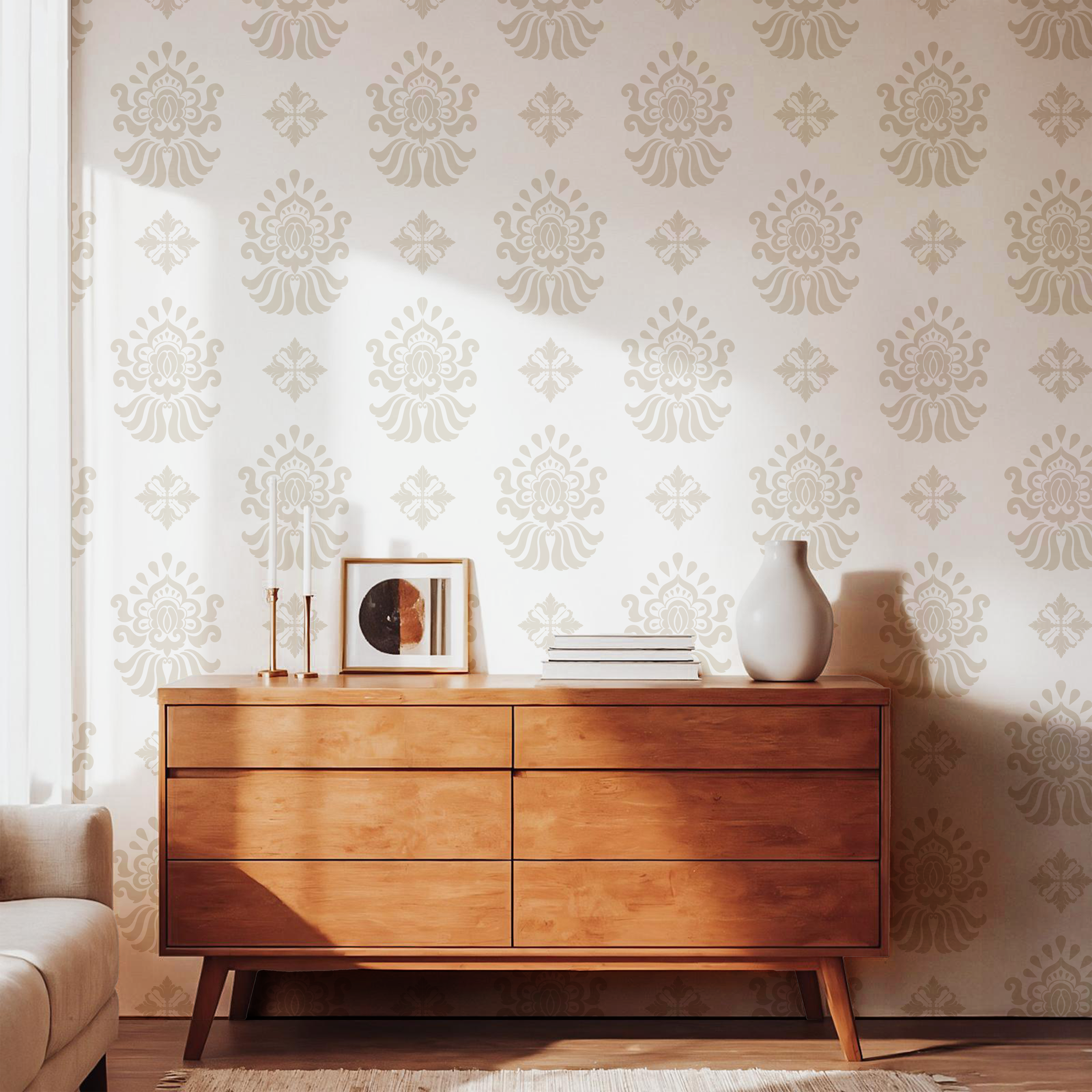 Beige vintage floral wallpaper styled with a wooden dresser in a warm living room