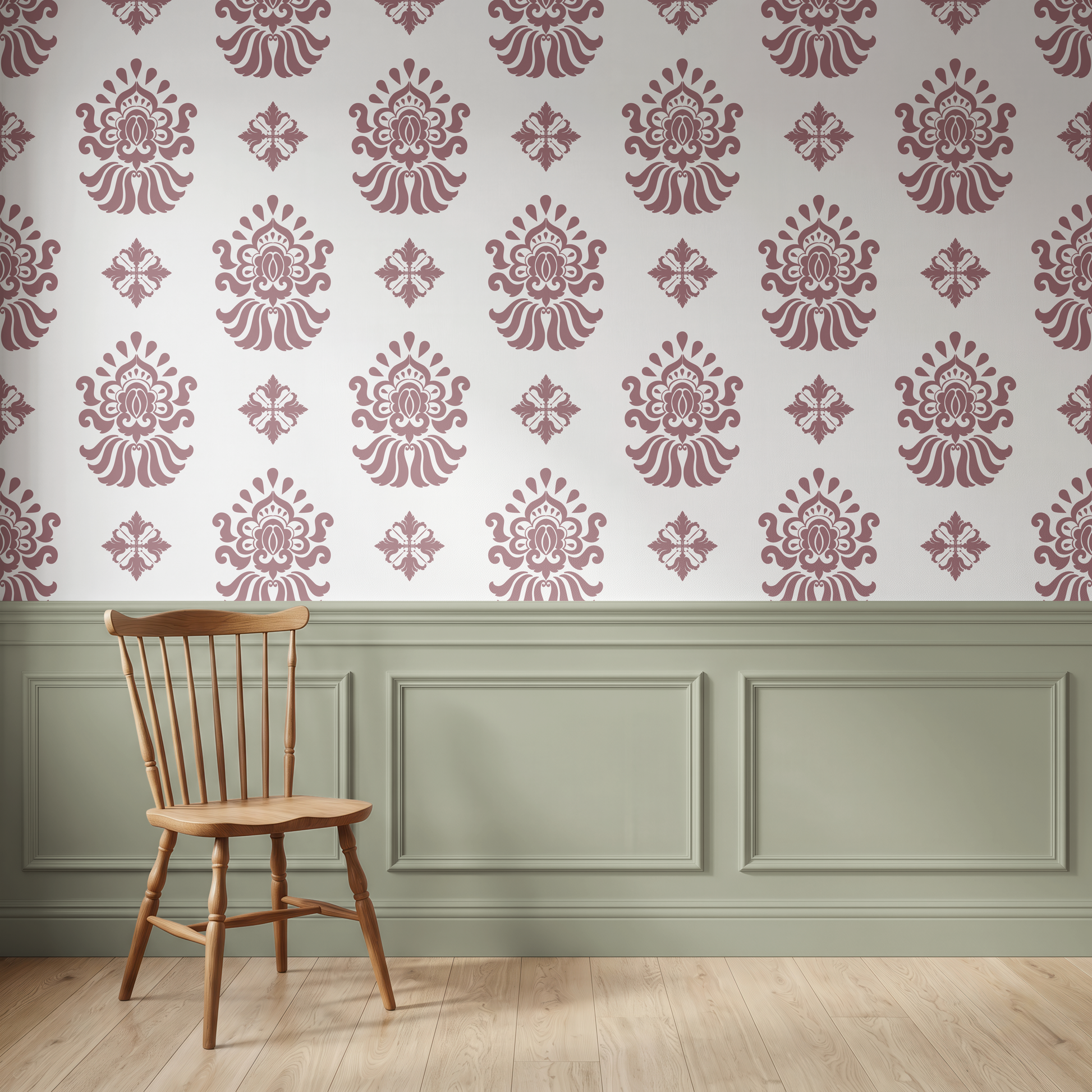 Dusty pink ornamental wallpaper paired with traditional wall panelling and wooden chair