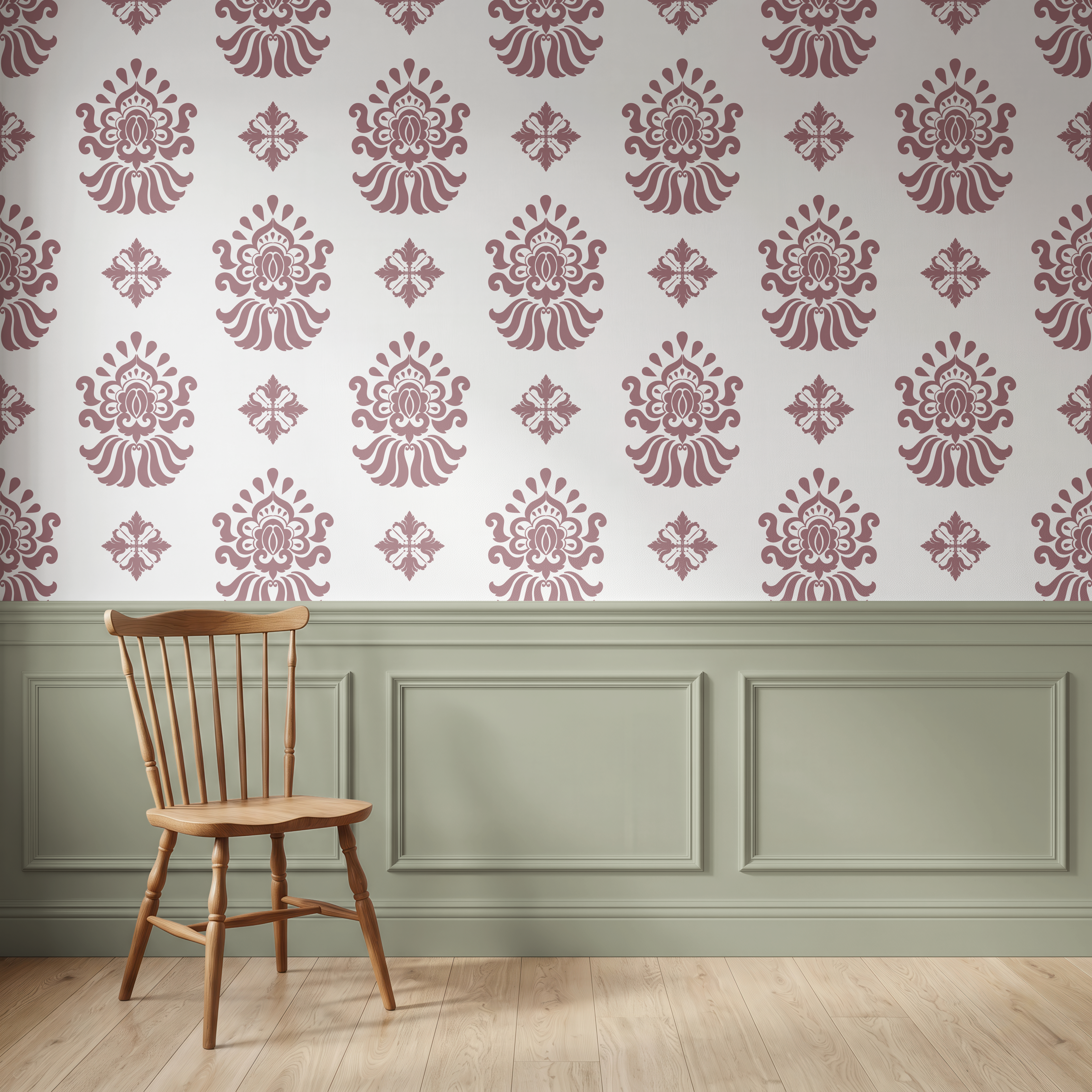 Dusty pink ornamental wallpaper paired with traditional wall panelling and wooden chair