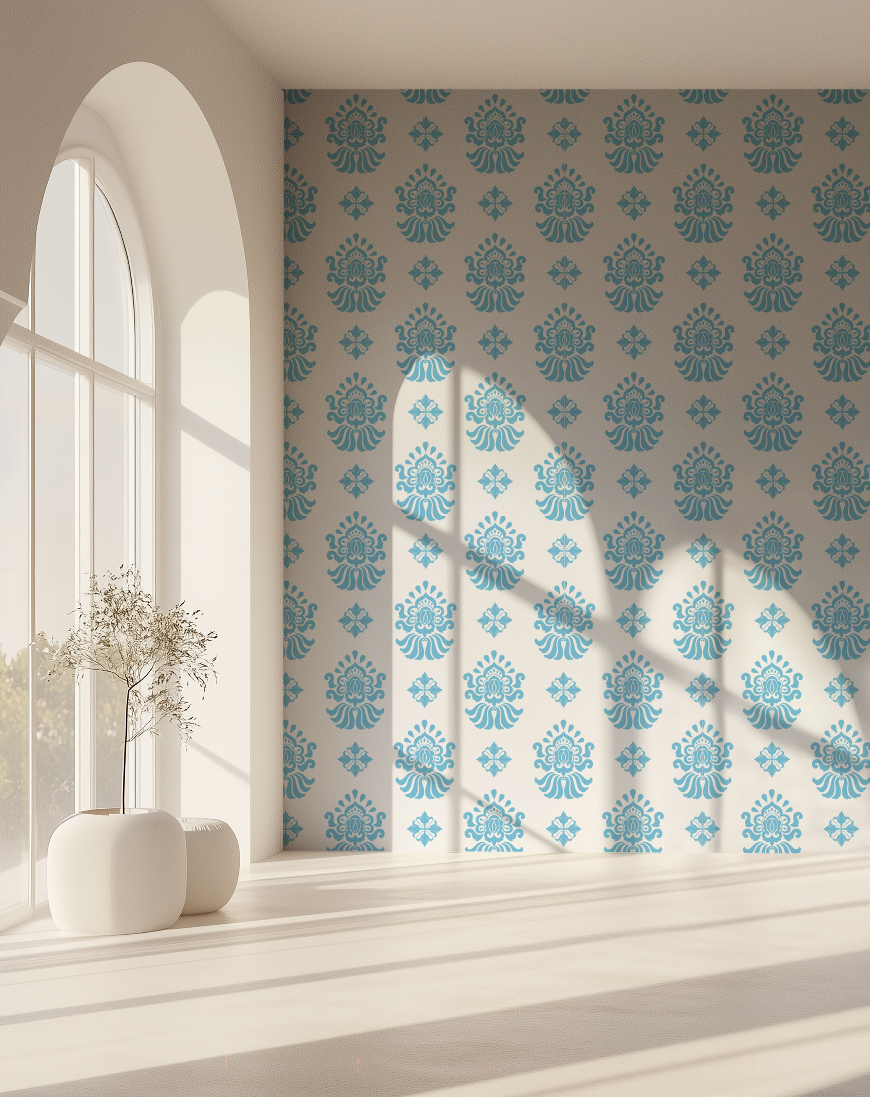 Light blue and cream ornamental wallpaper with a vintage floral motif in a bright interior