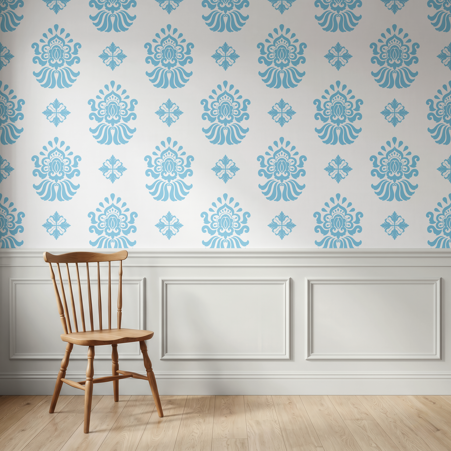 Light blue ornamental wallpaper above traditional wall panelling in a classic interior