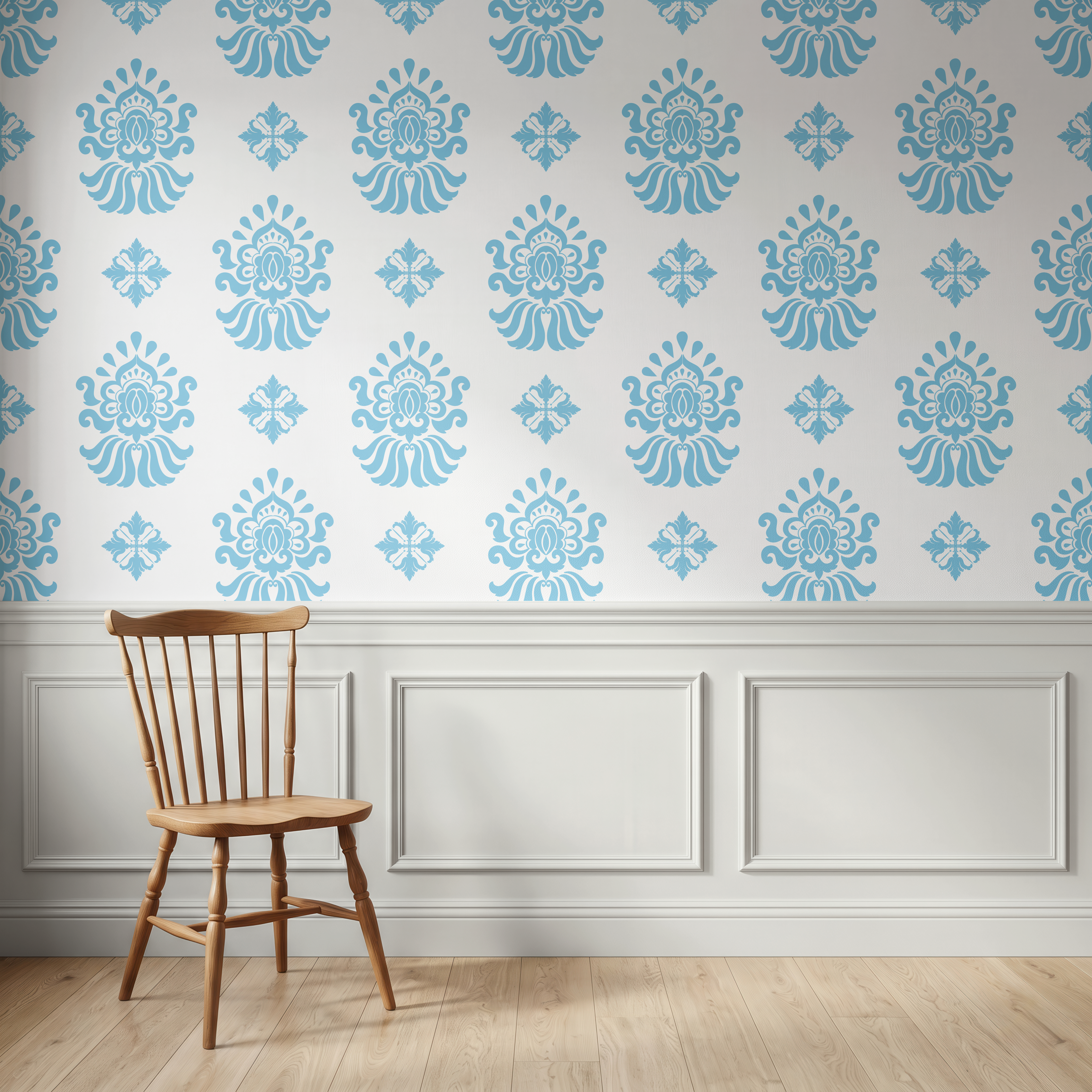 Light blue ornamental wallpaper above traditional wall panelling in a classic interior