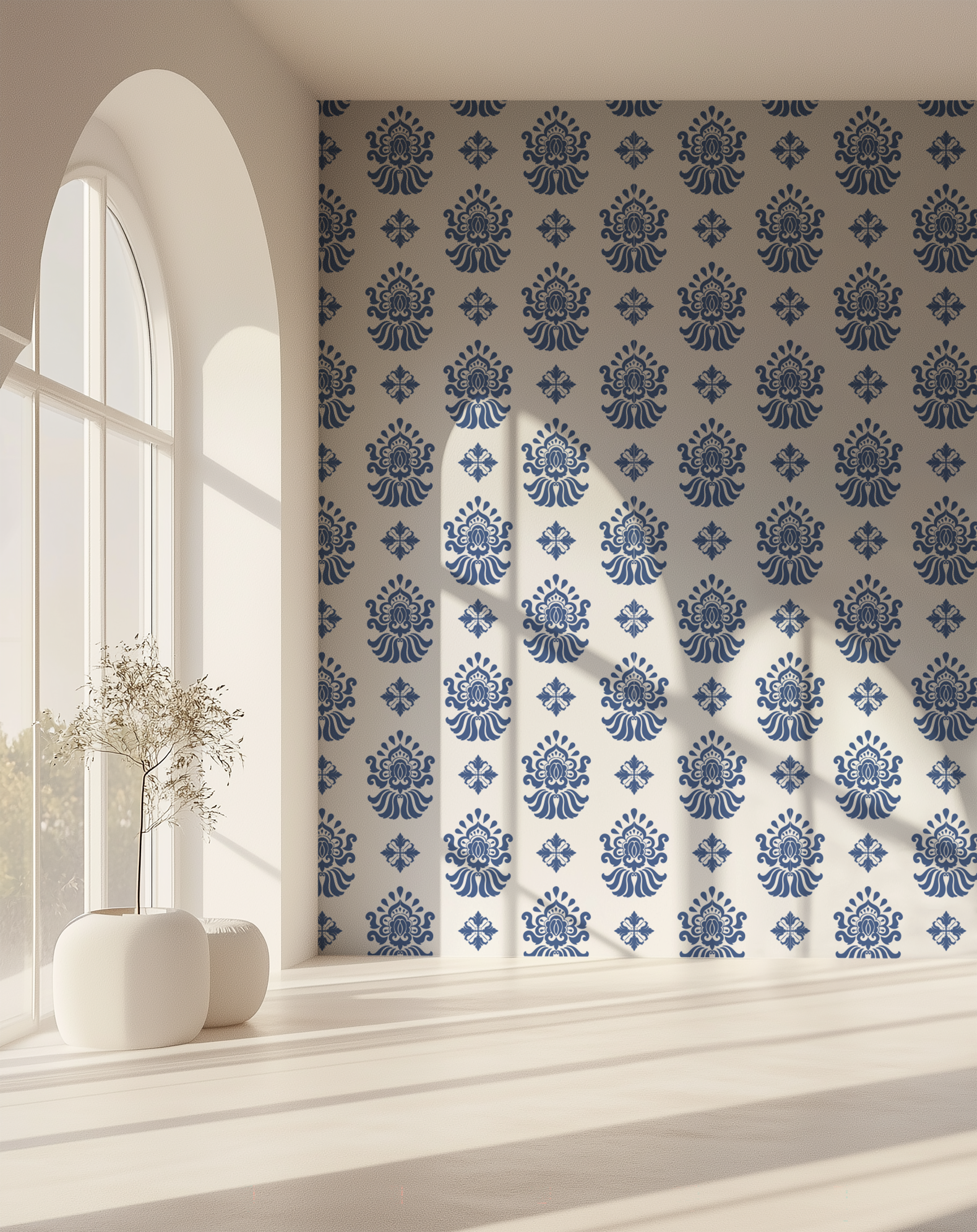 Navy blue and cream ornamental wallpaper with a repeating vintage floral motif