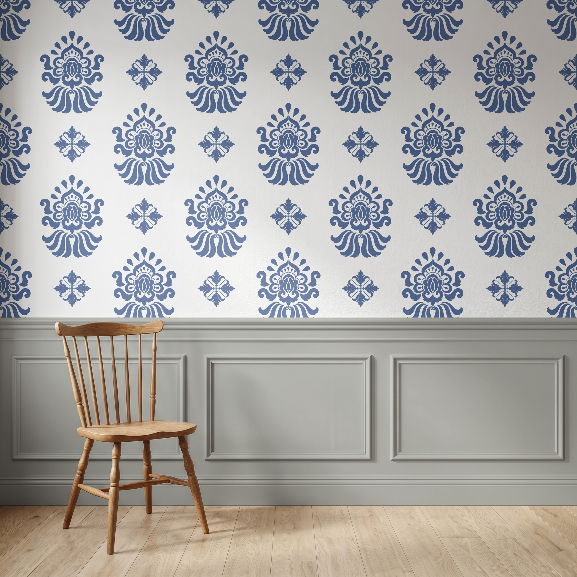 Navy blue ornamental wallpaper paired with traditional wall panelling and wooden chair