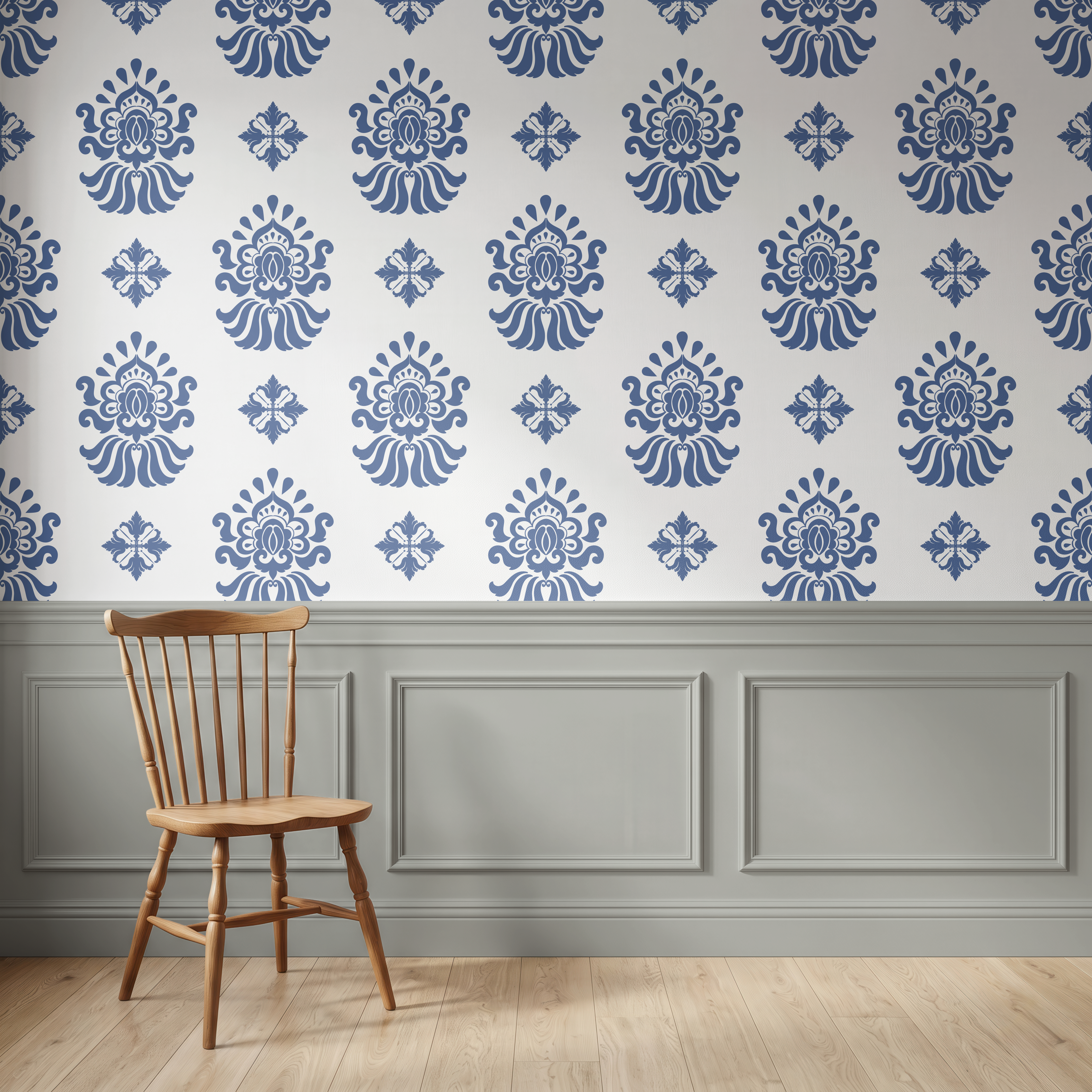 Navy blue ornamental wallpaper paired with traditional wall panelling and wooden chair