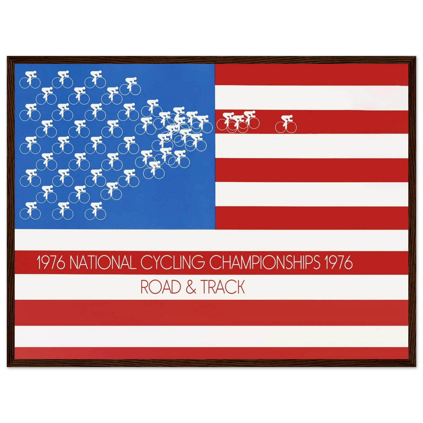 Vintage American cycling poster from 1976, combining patriotic colors, mid-70s design, and classic road and velodrome racing scenes.