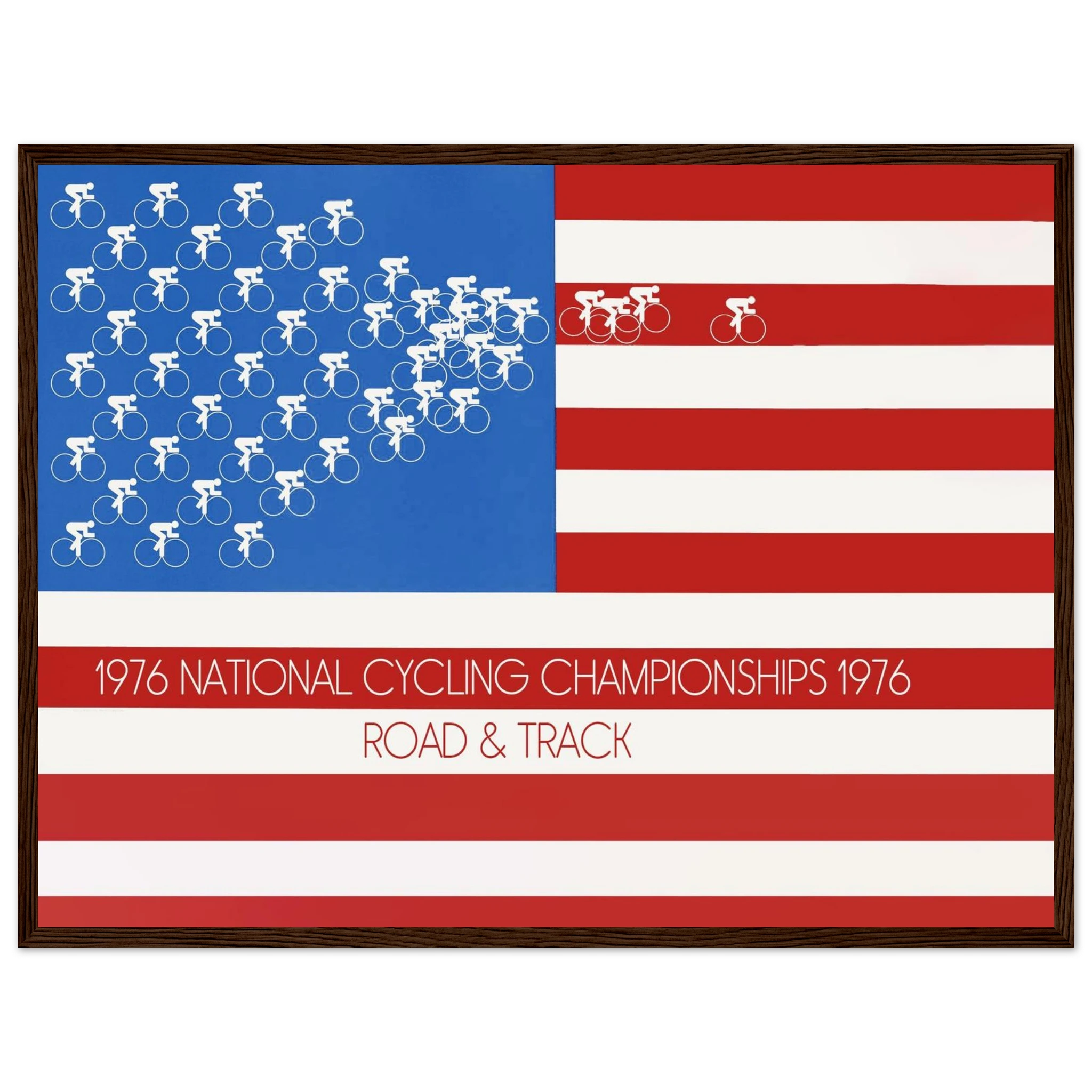 Vintage American cycling poster from 1976, combining patriotic colors, mid-70s design, and classic road and velodrome racing scenes.