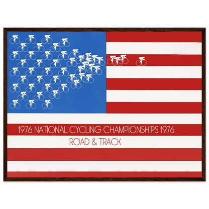 Vintage American cycling poster from 1976, combining patriotic colors, mid-70s design, and classic road and velodrome racing scenes.
