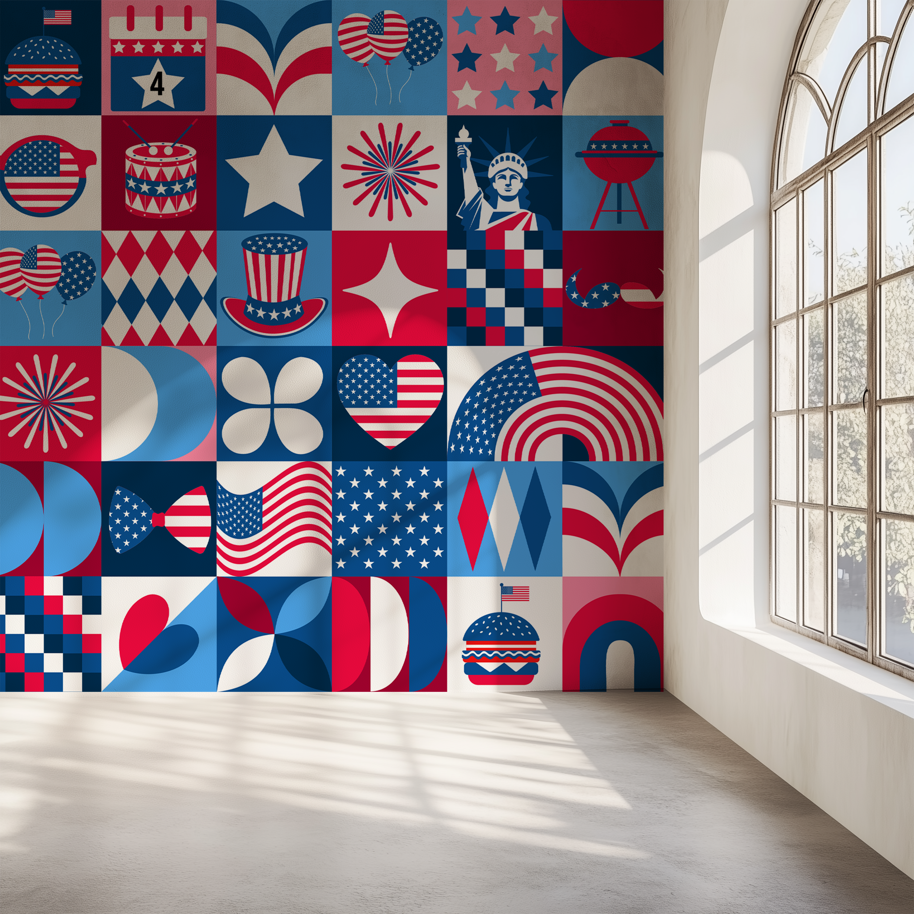 American patchwork wallpaper, Americana wallpaper, USA pattern wallpaper, geometric wallpaper, colorful wallpaper, luxury wall mural