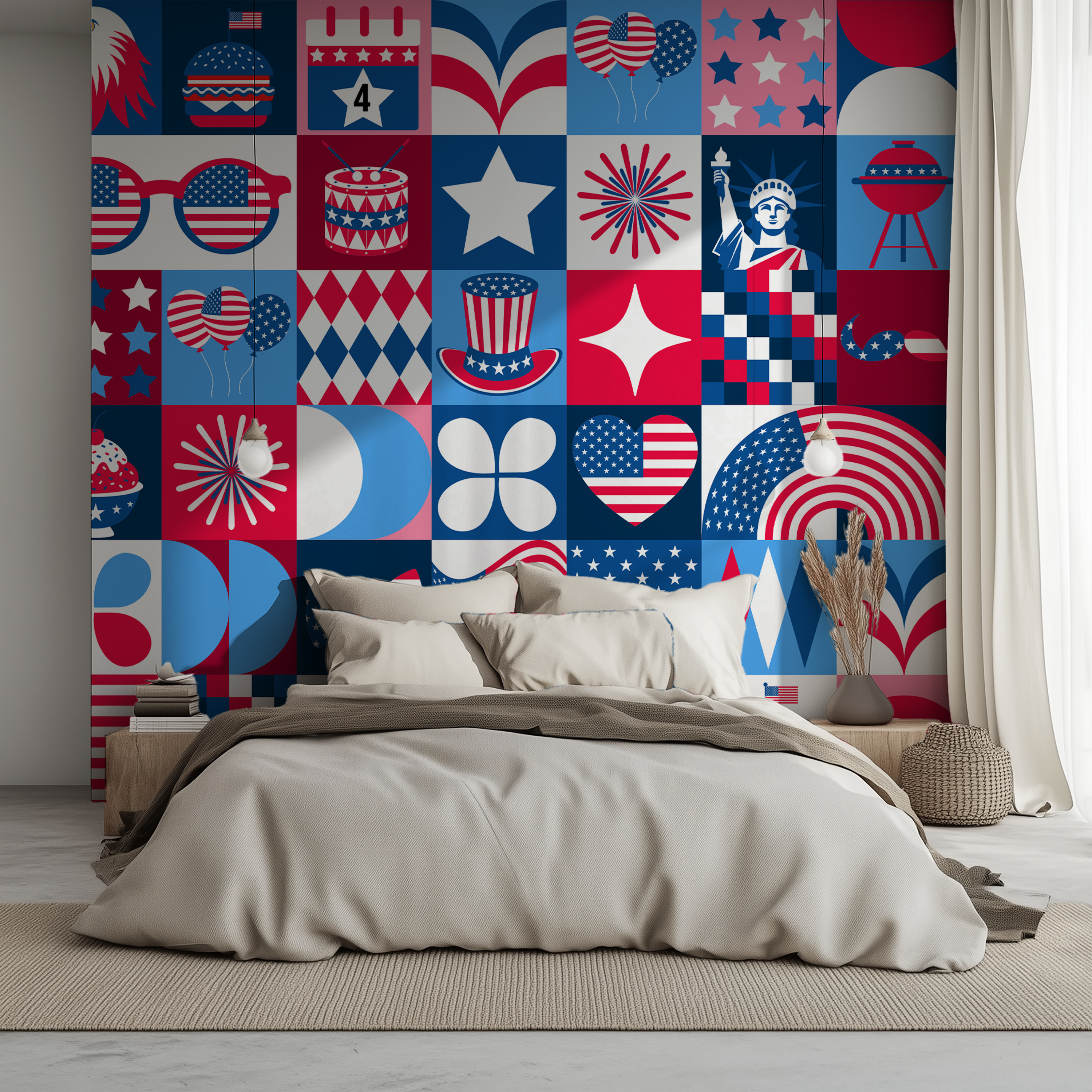 Americana icons geometric wallpaper, USA wallpaper, patriotic wallpaper, American wallpaper, Fourth of July wallpaper, stars and stripes wallpaper, vintage Americana wallpaper, graphic wallpaper