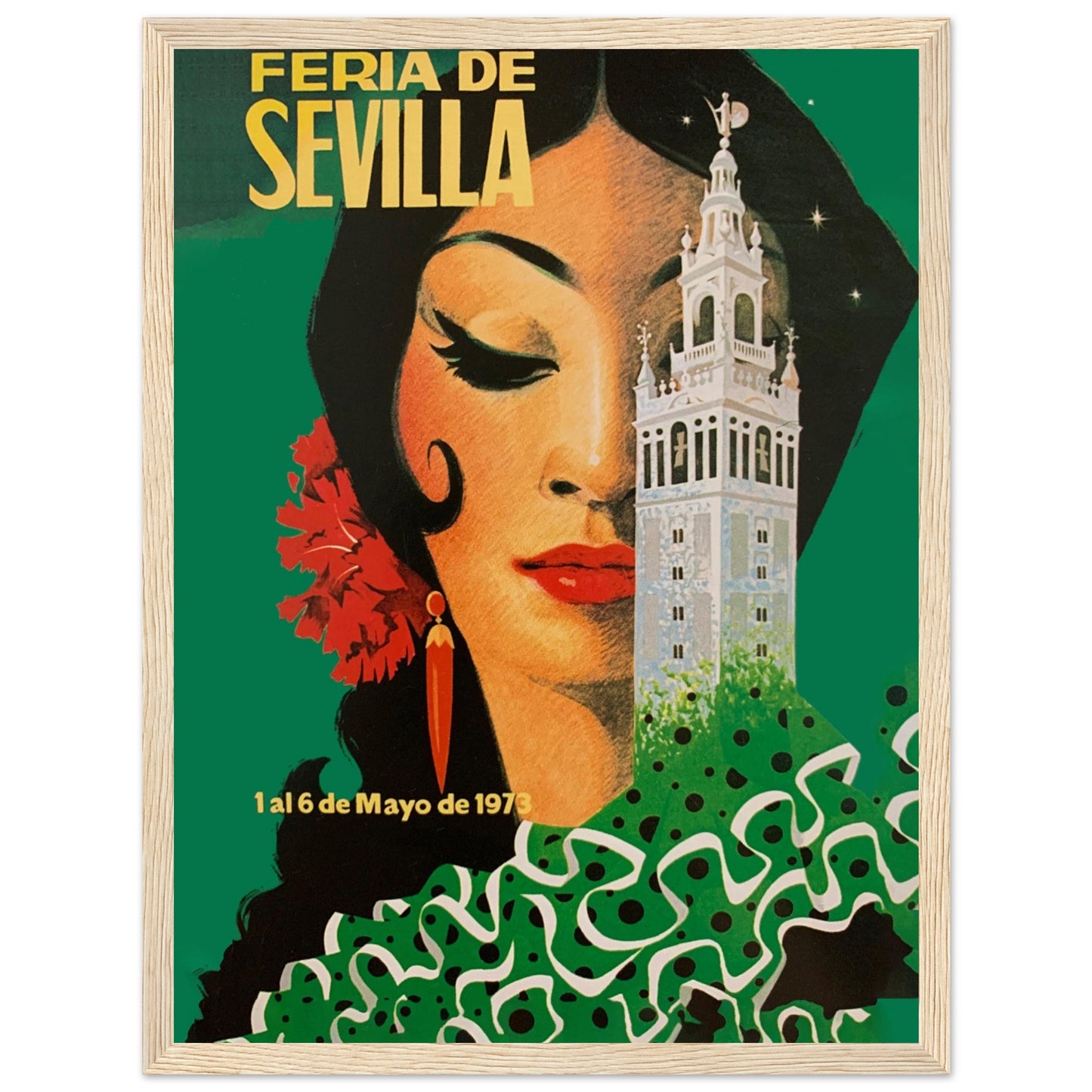 Artistic retro Seville Feria print highlighting flamenco culture and Andalusian heritage