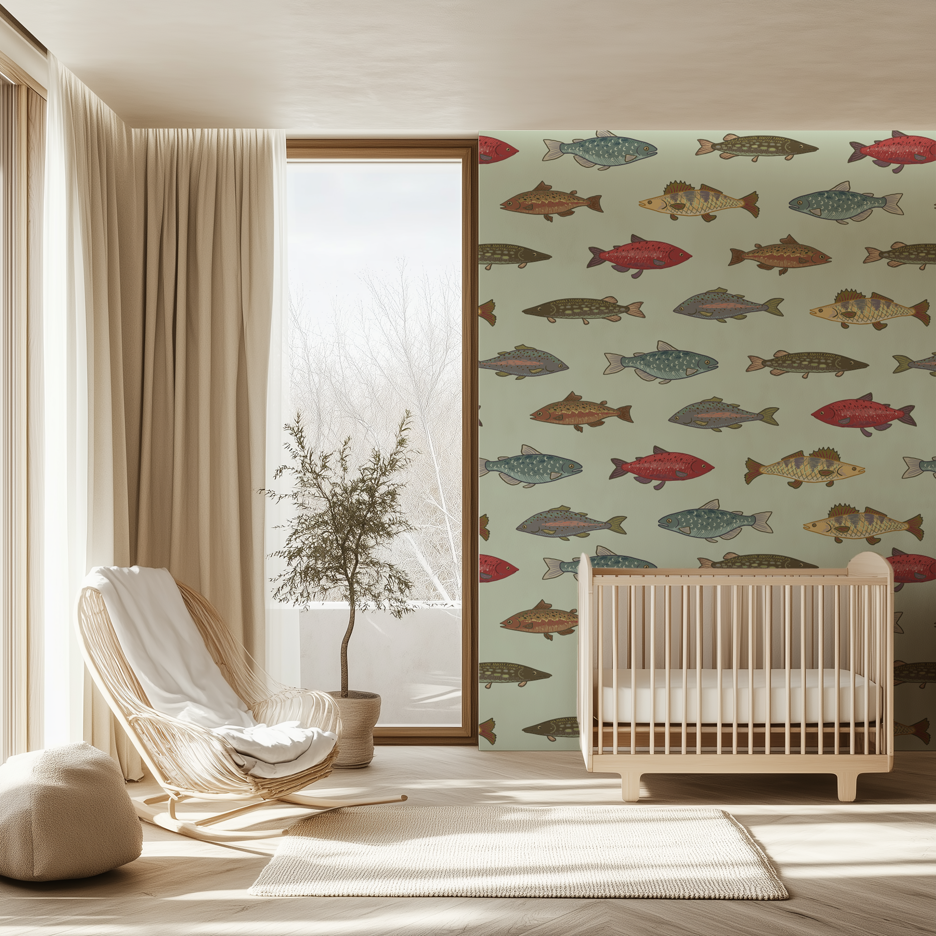 Antique fish wallpaper, illustrated fish pattern, natural history wallpaper, peel and stick wallpaper