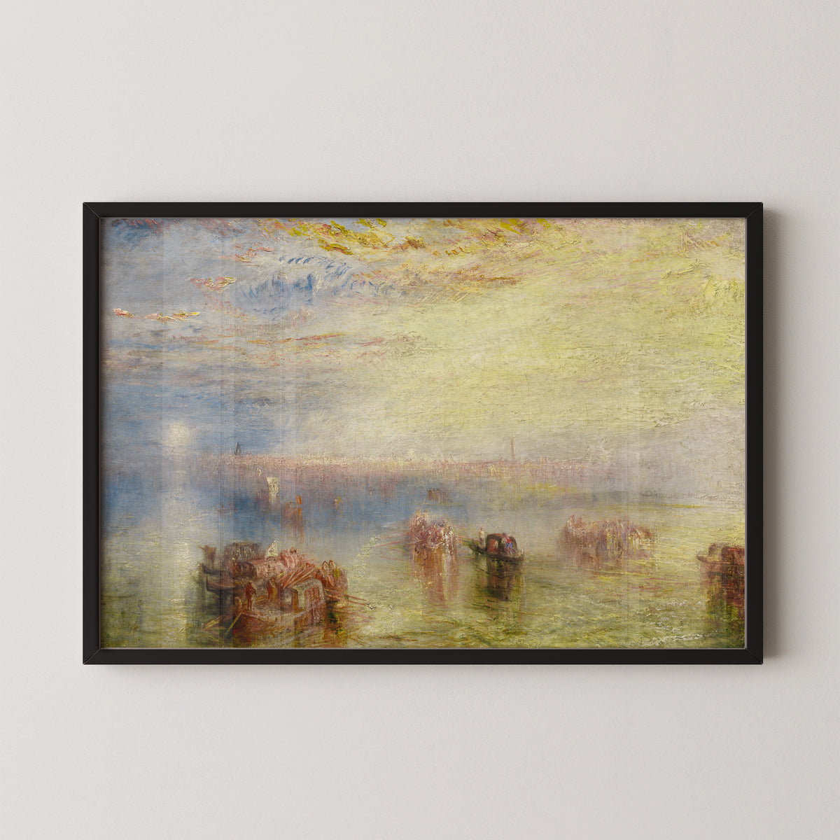Approach to Venice by J. M. W. Turner art print in a black frame, showing boats on a luminous Venetian lagoon