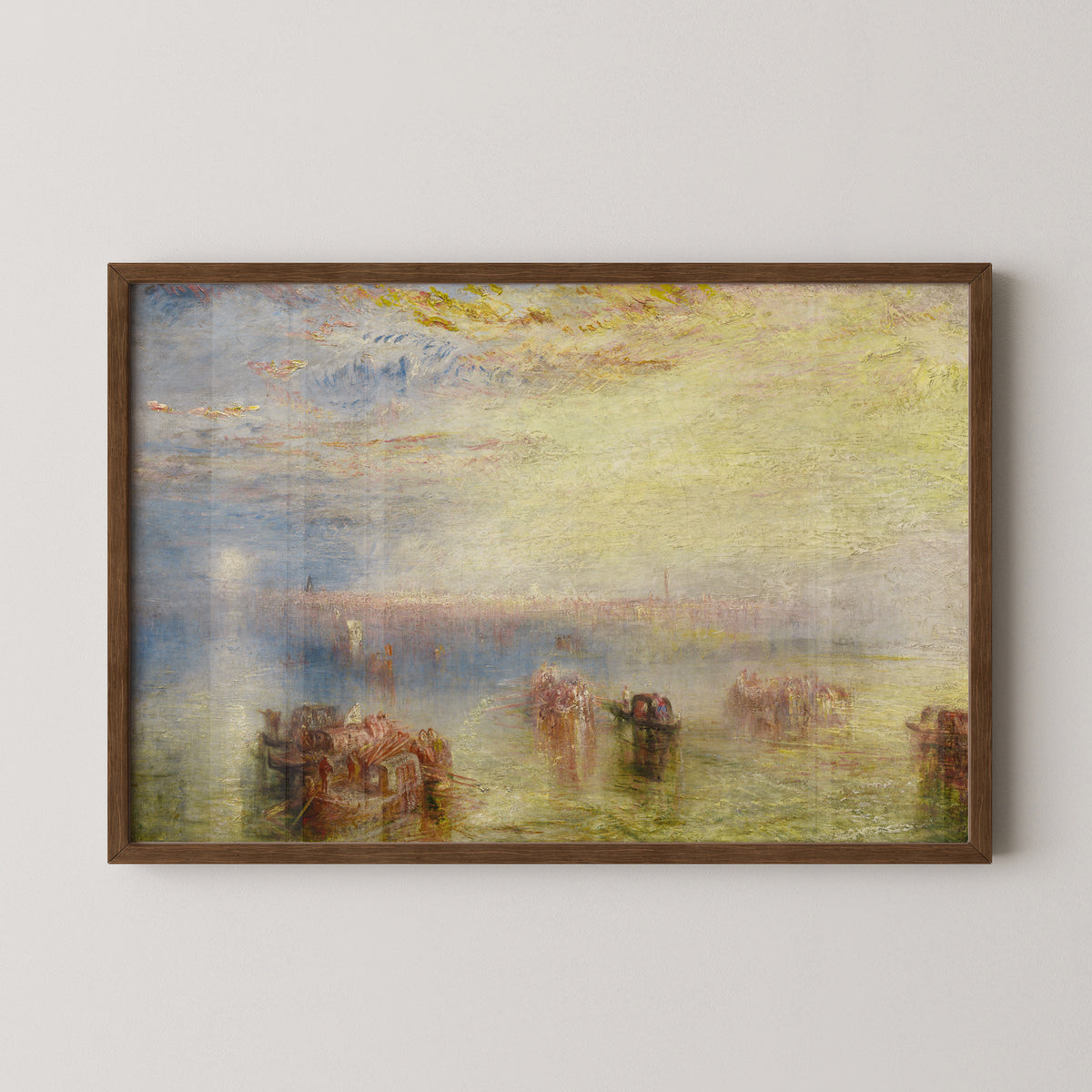 Approach to Venice by J. M. W. Turner art print in a dark wood frame, with boats on a luminous Venetian lagoon