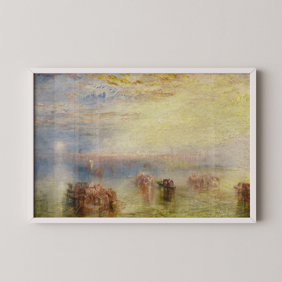 White-framed Approach to Venice by J. M. W. Turner art print, featuring boats on a luminous Venetian lagoon
