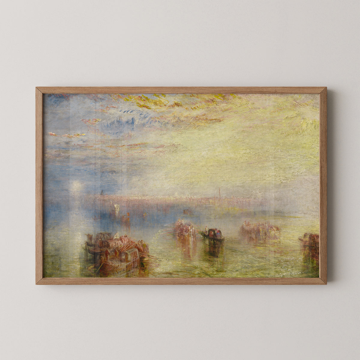 Natural wood-framed Approach to Venice by J. M. W. Turner art print, showing boats on a luminous Venetian lagoon