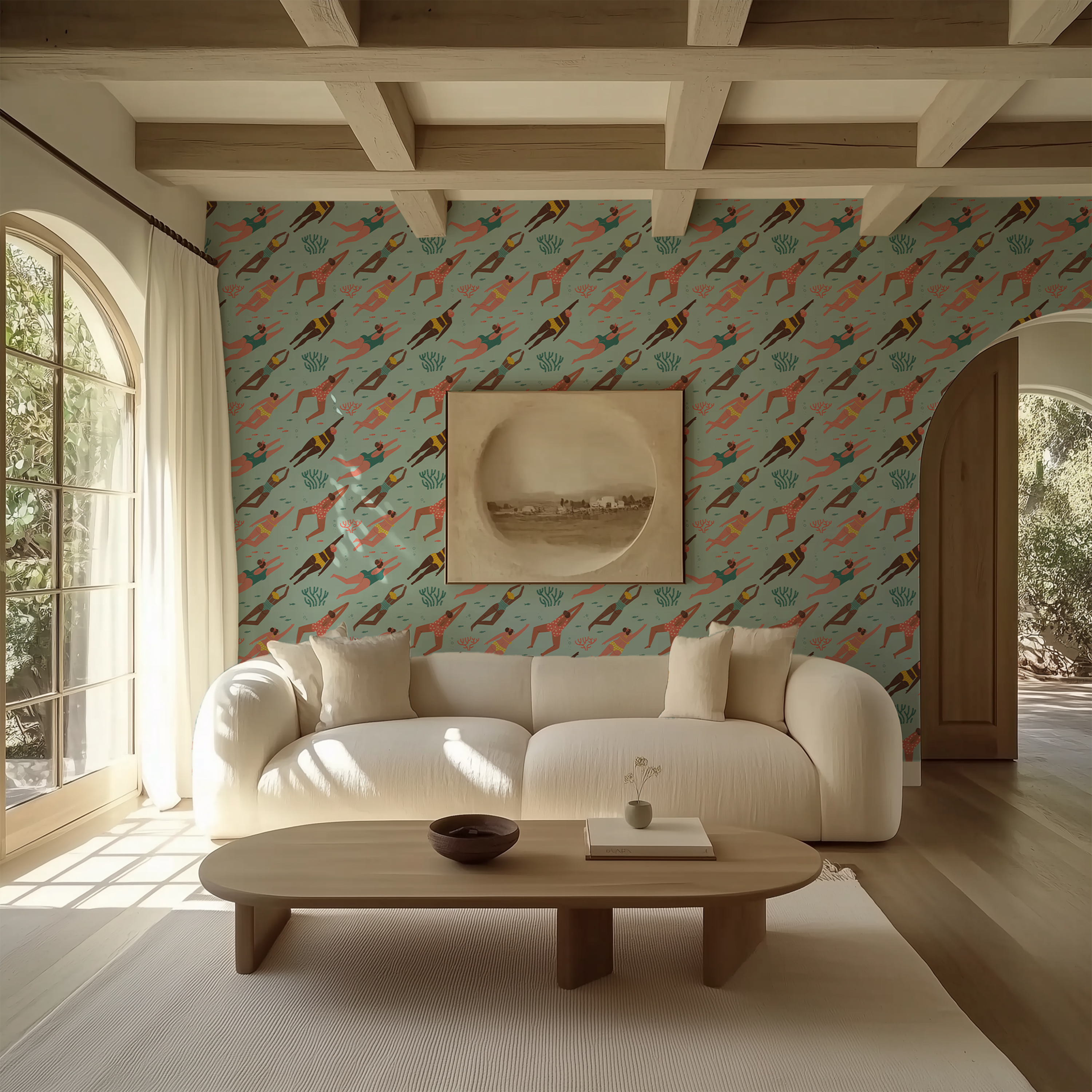 Aqua blue swimmers wallpaper with colourful summer swimming pattern
