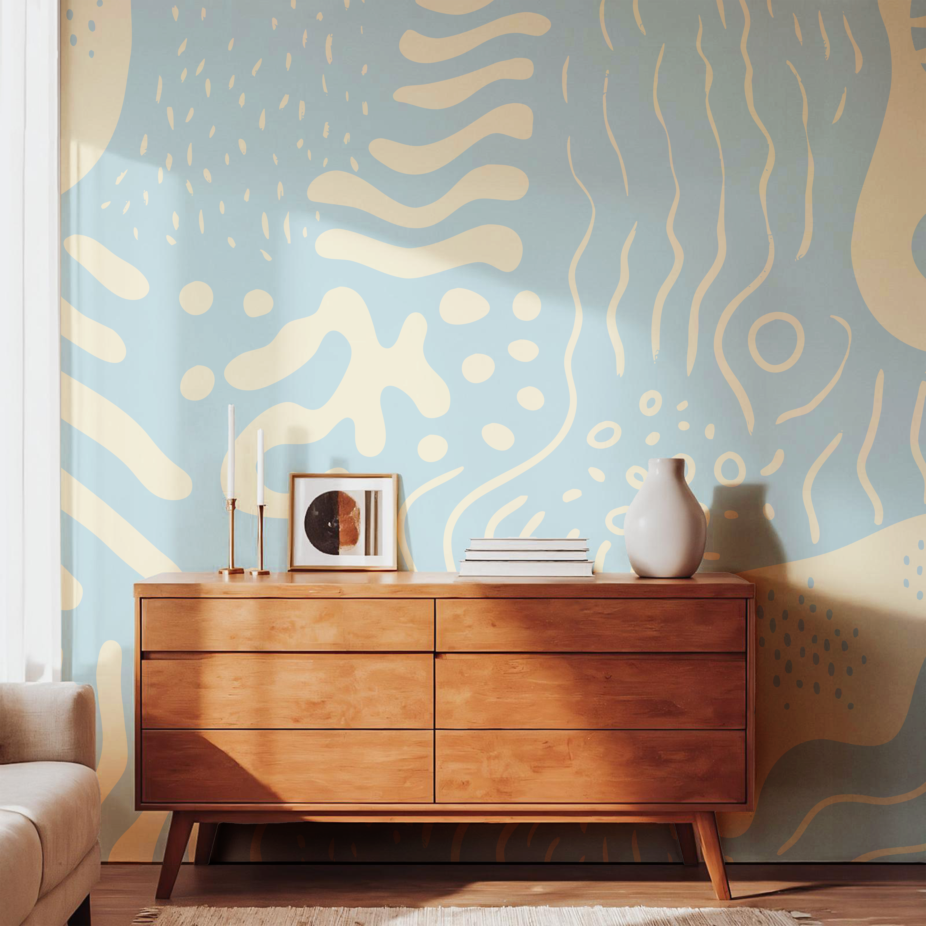 Feature wall showcasing Marea Sky blue abstract wallpaper around an arched window in a bright contemporary interior.