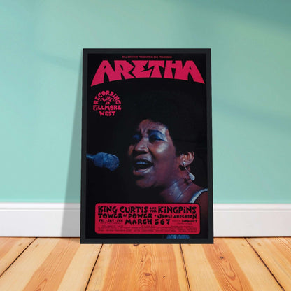 Vintage Aretha Franklin Fillmore West 1971 concert poster featuring bold psychedelic typography and live performance photography.