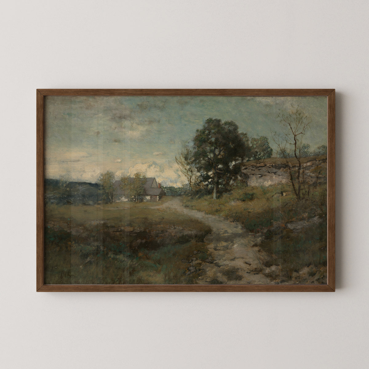 Arkville Landscape by Alexander H. Wyant, art print in a dark wood frame